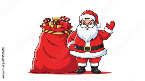 Cheerful Santa Claus beside a sack filled with wrapped gifts, perfect for Christmas celebrations