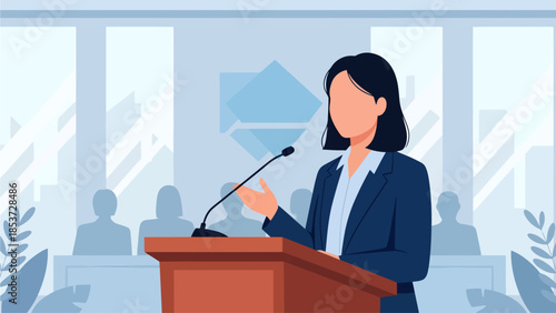 A confident female orator in a blue suit stands behind a wooden lectern, gesturing openly while speaking into a microphone before a backdrop of silhouetted listeners and tall glass windows