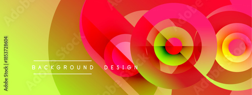Abstract vibrant design features overlapping circles, gradients. Yellow, red, green hues create dynamic visual effect. Modern background.