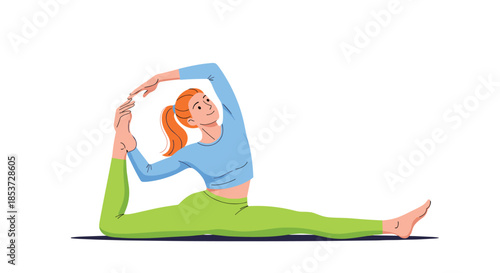 Young woman with red hair performing a challenging yoga split pose with arm overhead for flexibility and physical fitness.