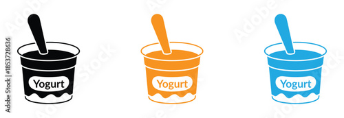 Yogurt container with a spoon icons set in flat style. Colorful yogurt cups with spoons on white background. 