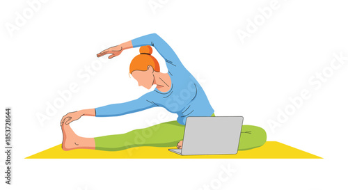 Woman practicing yoga stretching at home while following an online fitness class or tutorial on her silver laptop computer.