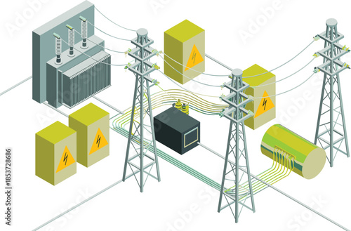 Isometric electrical power distribution system illustration, transformers substations transmission towers and control units, smart grid infrastructure, energy flow concept
