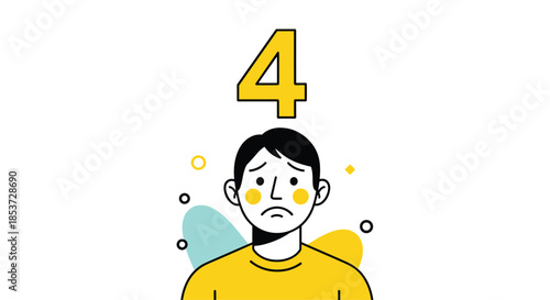 Sad young man looking downwards with the number four hovering over his head representing a specific count or score.