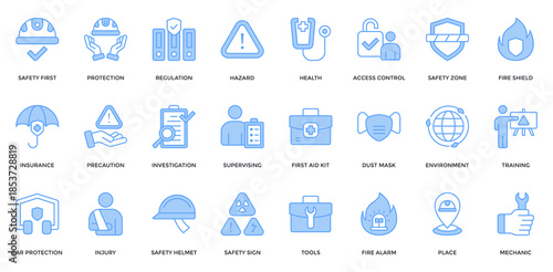 Work Safety icon set. Containing safety first, protection, regulation, hazard, health, insurance, first aid kit icon. Lineal blue style