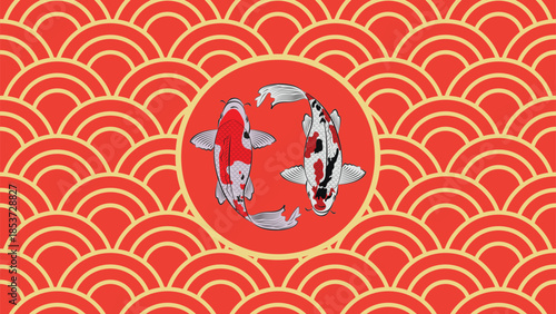 Colorful Japanese Koi Fish Yin Yang Background Featuring Red Cream Seigaiha Waves and Circular Balance Form for Modern Asian Branding