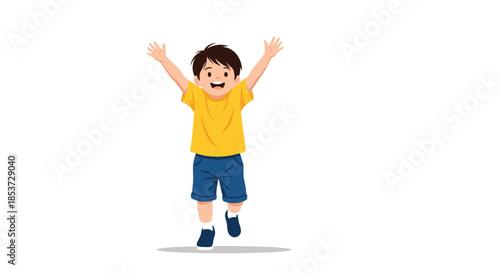 Happy young boy wearing a yellow t-shirt and blue shorts jumping for joy with his arms wide open in celebration.