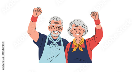 Happy elderly couple wearing aprons and headbands celebrating health and success with raised fists and joyful smiles.