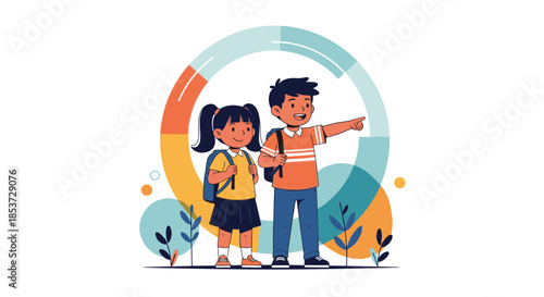 Two young diverse school children wearing backpacks and pointing ahead towards their future academic goals and success.