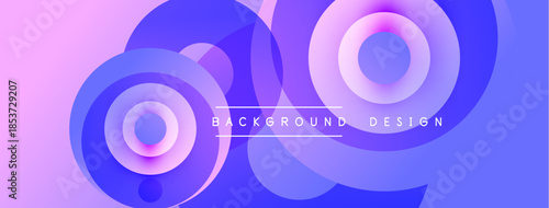 Abstract circles, purple hues, flowing shapes create modern background design. Gradient colors offer visual depth.