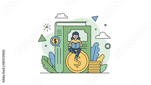 Financial Literacy Woman Reading on Money Stack Book as Investment Guide.