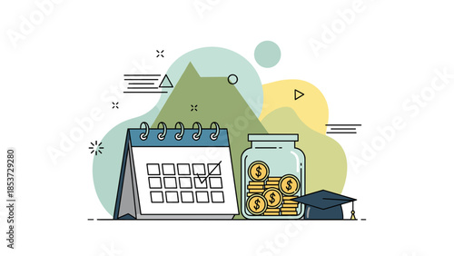 Saving for Education Calendar Money Jar and Graduation Cap.