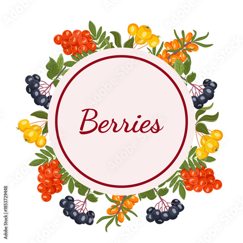 Circular floral frame with mixed forest berries and green leaves. Decorative botanical wreath for natural, organic and seasonal design, packaging, labels and greeting cards. Vector illustration.
