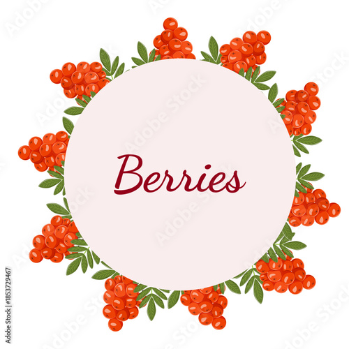 Circular botanical frame made of rowan berry branches with orange berries and green leaves. Decorative wreath for invitations, greeting cards, packaging and seasonal nature design. 