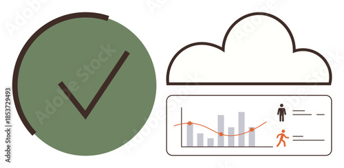 Green checkmark, cloud outline, and panel showing graphs, charts, and human icons. Ideal for analytics, cloud computing, approval statistics monitoring data accuracy minimalistic design. Simple