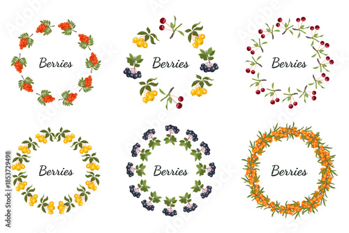 Set of circular botanical frames with forest berries and leaves. Decorative wreaths for invitations, greeting cards, packaging, labels and seasonal nature design. Vector illustration.