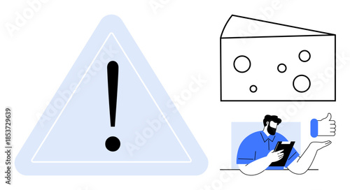 Risk management, decision-making, safety, problem-solving, communication, uncertainty. A triangular warning sign with an exclamation point, a person with a tablet and abstract shapes. Risk