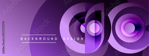 Abstract purple layers create modern background. Concentric circles overlap, forming dynamic visual effect. Text reads background design.