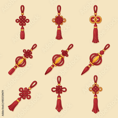 Set of traditional Chinese knots with tassels, symbolizing good fortune and prosperity for the New Year celebration.