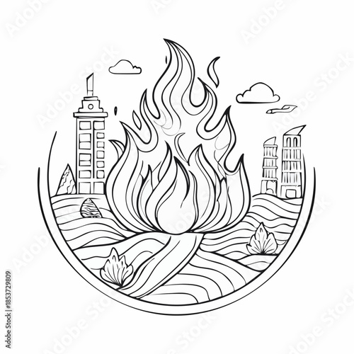 Black and white line art illustration of a stylized lotus fire burning amidst city buildings and wavy ground, within a circular frame.
