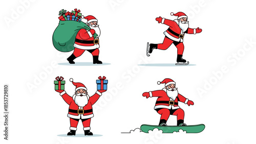Santa Claus in various activities: carrying gifts, ice skating, holding presents, and snowboarding.