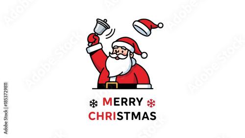 Festive illustration of Santa Claus ringing a bell, with a floating hat, and the words Merry Christmas.