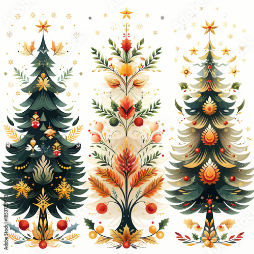 Traditional Christmas Tree Vector Illustrations With Festive Ornaments