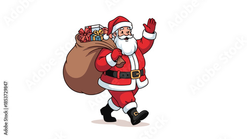 A cheerful Santa Claus in his iconic red suit, carrying a large sack of presents over his shoulder and waving.