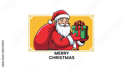 Santa Claus holding a wrapped gift and a sack of presents, wishing Merry Christmas.