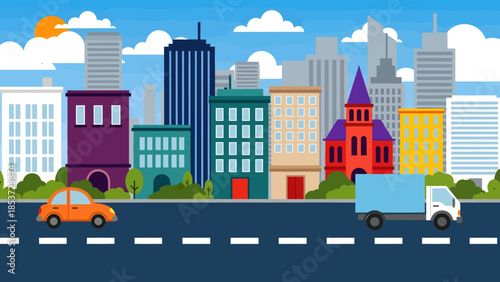 Vibrant cartoon city street scene with various buildings, an orange car, and a delivery truck under a blue sky.