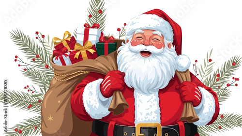 A cheerful Santa Claus with a sack full of gifts and a sprig of pine needles.
