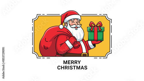 Santa Claus holding a gift and a sack, wishing Merry Christmas.