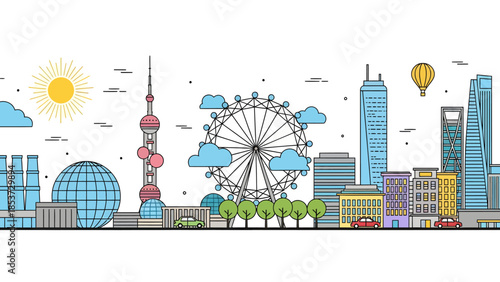 Outline illustration of a global city skyline featuring famous landmarks and modern buildings under a sunny sky, representing travel destinations.