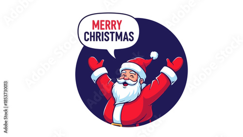 Santa Claus with his arms raised in celebration, wishing everyone a Merry Christmas.