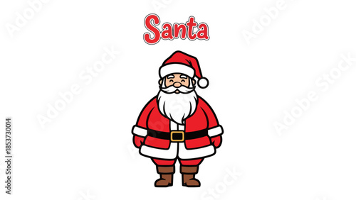 A cartoon illustration of Santa Claus standing and smiling with a white background.