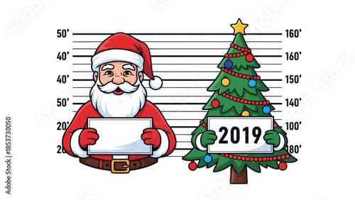 Santa Claus and a Christmas tree are standing in front of a police lineup with the year 2019 on a sign.