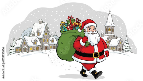 Santa Claus walking through a snowy village carrying a sack full of presents.
