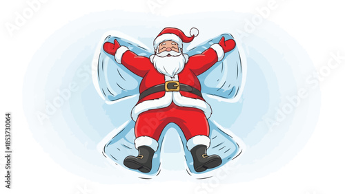 Santa Claus making a snow angel on a light blue background with a soft white outline.