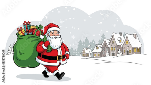 Santa Claus walking through a snowy village with a sack full of presents.