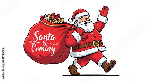 A jolly cartoon Santa Claus in his traditional red suit, carrying a large sack of presents over his shoulder and waving.