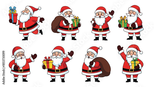 A collection of eight cartoon illustrations of Santa Claus in various poses, each holding a gift or a sack of presents.