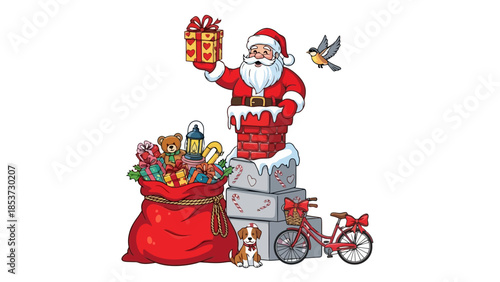 Santa Claus emerges from a chimney with a gift, accompanied by a sack of toys, a bicycle, and a dog.