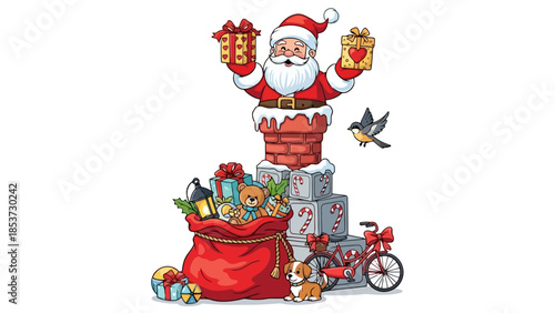 Santa Claus emerges from a chimney holding gifts, surrounded by a sack of toys, presents, a bicycle, and a puppy.