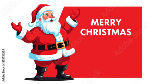A cheerful cartoon illustration of Santa Claus with his arms outstretched, wishing everyone a Merry Christmas.