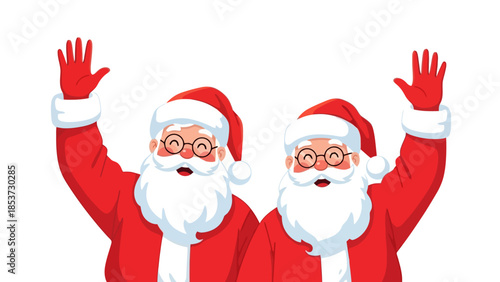 Two cheerful Santa Clauses waving their hands with big smiles on their faces.