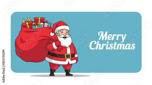 Santa Claus carrying a large sack of presents with the text Merry Christmas on a blue background.