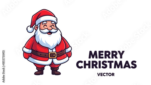 A cheerful cartoon illustration of Santa Claus with a white beard and red suit, standing next to the text "MERRY CHRISTMAS VECTOR".