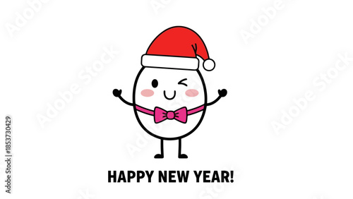 A cute cartoon egg wearing a Santa hat and a bow tie winks and waves, wishing a Happy New Year.