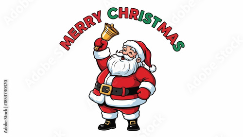A jolly Santa Claus dressed in his traditional red suit rings a golden bell with a cheerful expression.