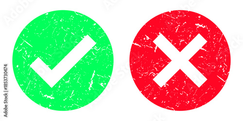 Check mark and cross mark icon stamp set. Rounded Circle Red and green checklist or voting Grunge sign. Tick and X icon ,vintage red Grunge and green Check sign graphic design